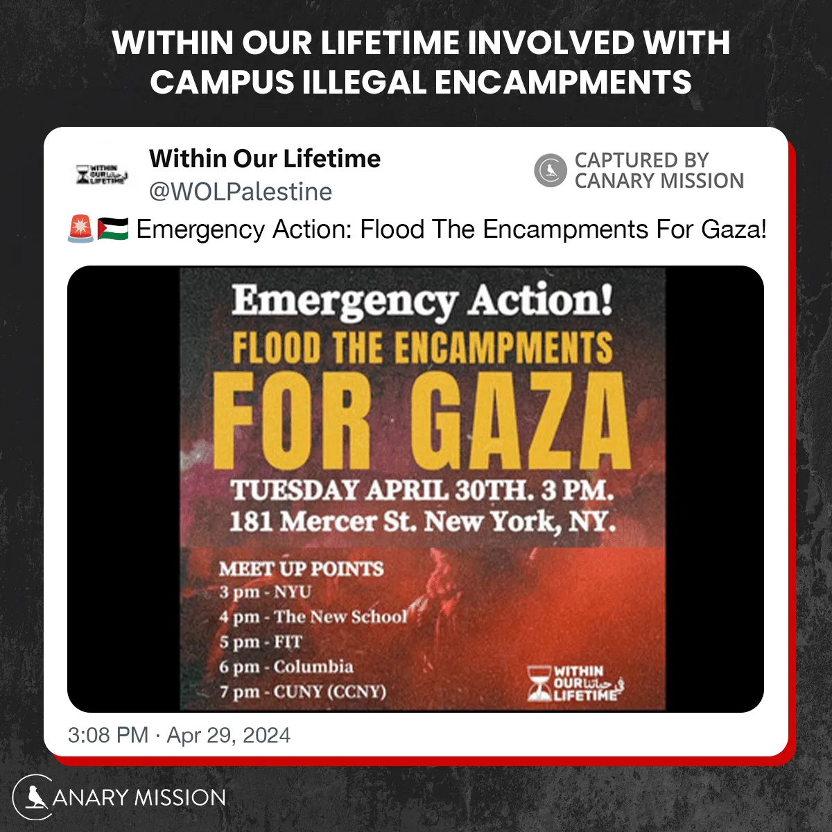 WOL organized a coordinated campaign to “flood the encampments” across NYC campuses—including NYU, Columbia, FIT, and CUNY—calling for mass mobilization in support of Gaza.